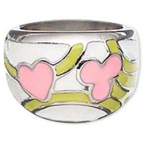 RING, FLOWER DESIGN, SIZE 8, PINK, WHITE & LT. GREEN ENAMEL & STAINLESS STEEL,